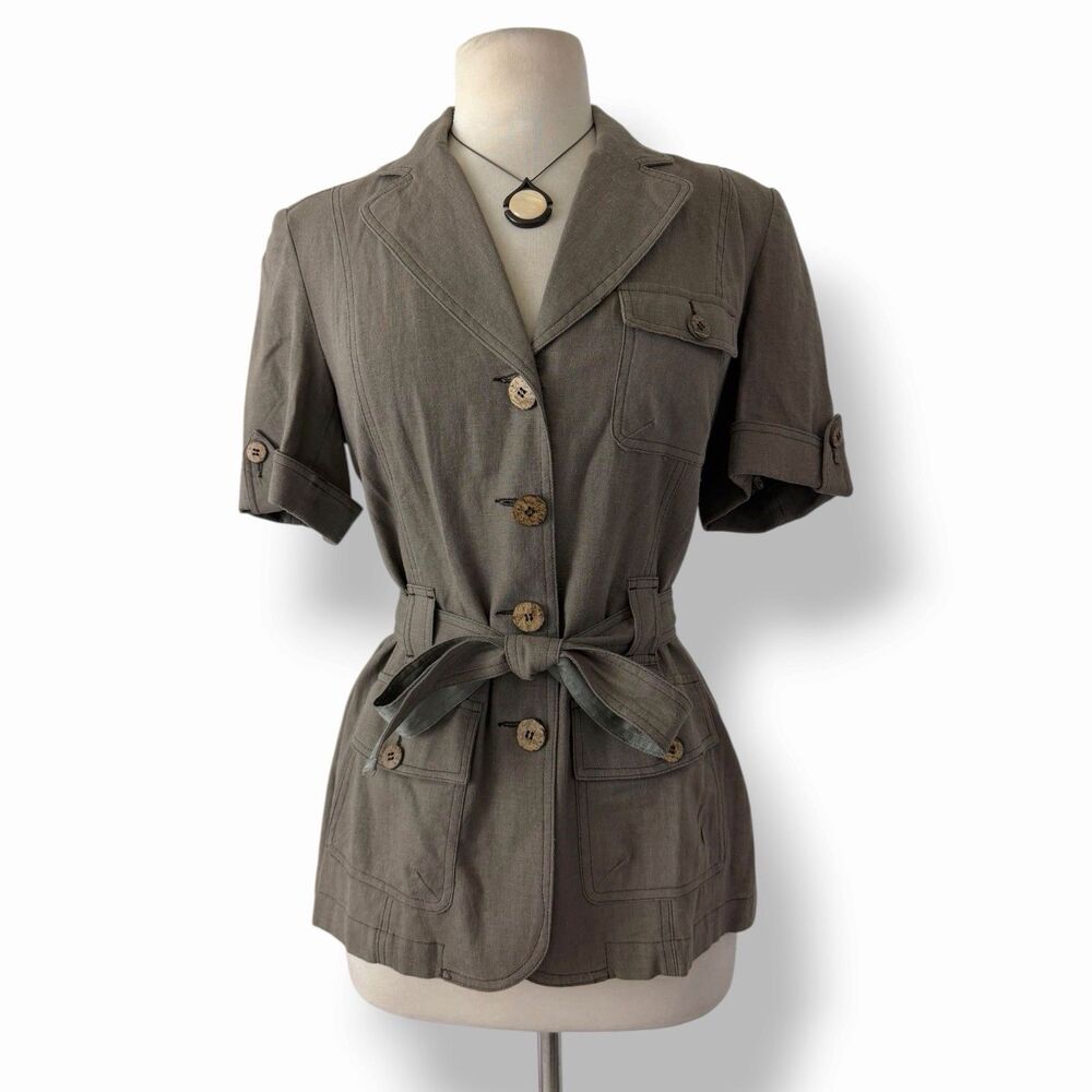 Ted Lapidus Vintage Safari Utility Linen Belted Short Sleeve Cargo Jacket US 10